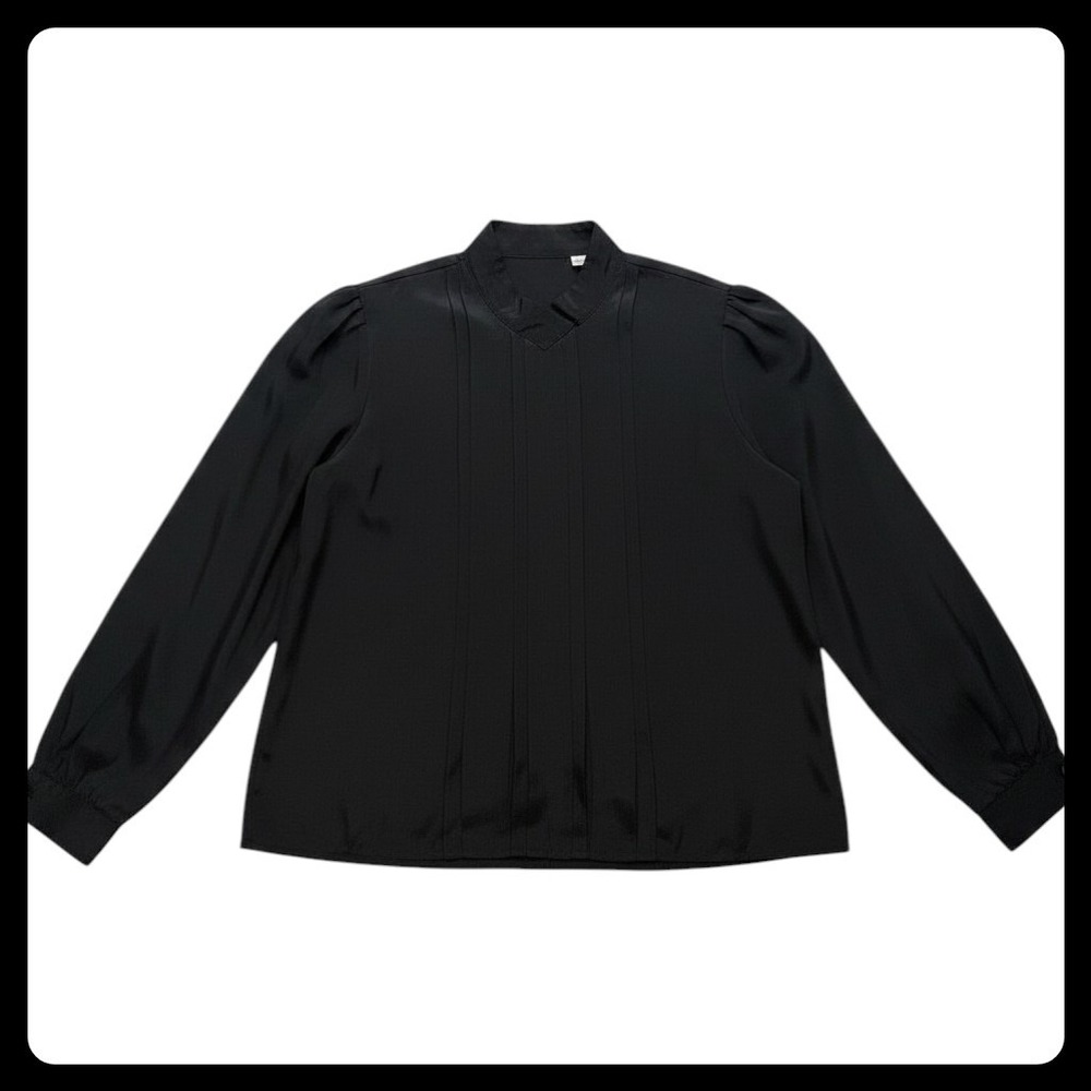 Vintage Kristen Blouse Women 14 Black Long Sleeve Pleated Front Satin Finish